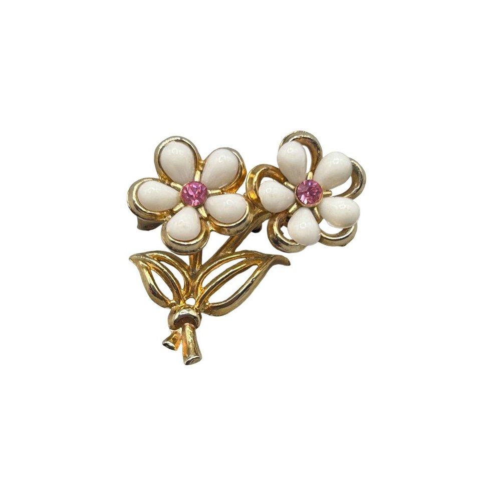 Vintage Small White Flowers Daisy Pin Brooch Gold Tone and Pink Rhinestones Pin